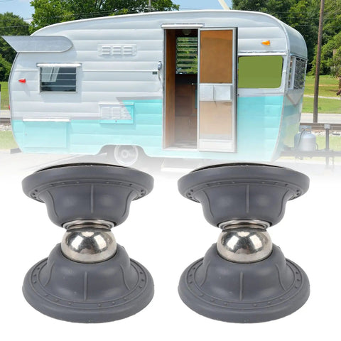 RV Magnetic Door Catch Set In ABS And Stainless Steel, Quiet Door Holder Latch Pair with trailer in background, Gray