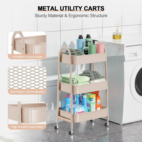 Three Tier Rolling Utility Cart With Lockable Wheels And Handy Metal Handle, Metal Storage Organizer On Wheels With Mesh Baskets For Kitchen, Living Room, Office Or Garage Beige Finish