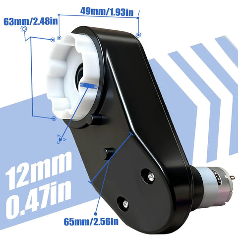 Close-up of WW-4 12V RS390 Motor Gearbox Upgrade Kit for Kids Ride On Toys showing dimensions and features.