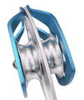 Close-up of Heavy Duty Large Rescue Climbing Pulley With Swing Plate, Double Sheave Safety Pulley For Backyard Zipline