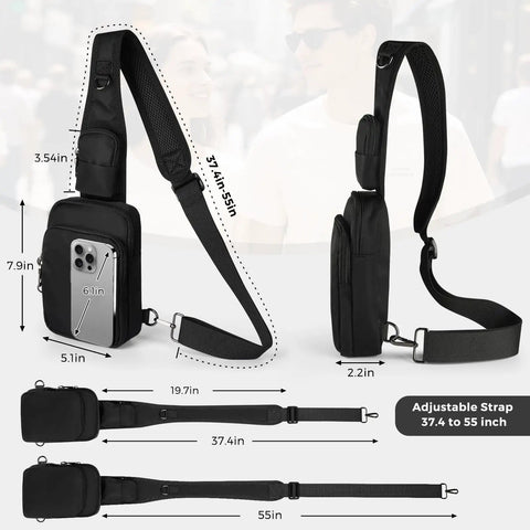 Sling Crossbody Bag With Zipper Lock And RFID Blocking Water Resistant Material Dual Anti Theft Design with adjustable strap diagram.