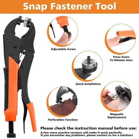 Beefy Pro Grade Snap Fastener Tool Kit with pliers showing adjustable screw, quick installation, and magnetic replacement features