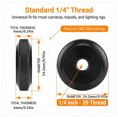 Side and front view of Five Pack Thumb Nuts 1/4-20 Female Screws With Knurled Wheel Lock Nuts for camera gear