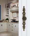 5 Piece Vintage Antique Floral Cabinet Handles Set With Bronze Finish For Dresser Drawers And Cupboards, close-up view in kitchen