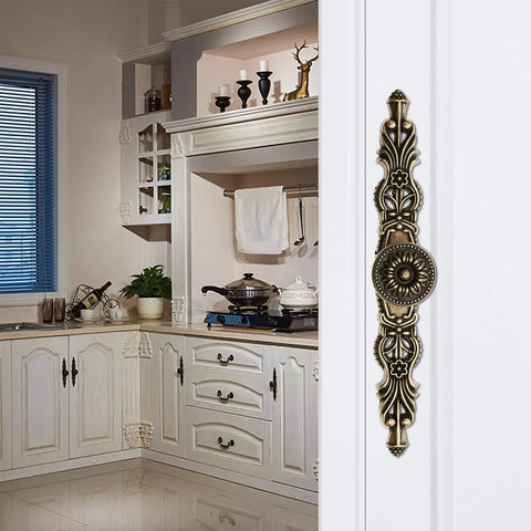 5 Piece Vintage Antique Floral Cabinet Handles Set With Bronze Finish For Dresser Drawers And Cupboards, close-up view in kitchen