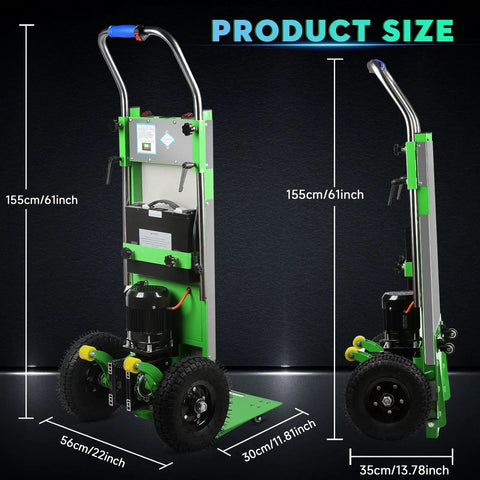 Super Heavy Duty Electric Stair Climbing Dolly With 900 Lbs Capacity, 1250 Watt Motor And Lithium Battery Power shown with dimensions 155cm x 56cm.