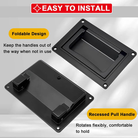 Recessed Door Pull Handles Set Of 2 In Black Zinc Alloy Folding Flush Lift Ring Design with easy installation guide.