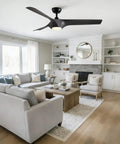 56" Farmhouse Reversible Ceiling Fan Light with Dark Gray ABS Blades installed in a modern living room setting.
