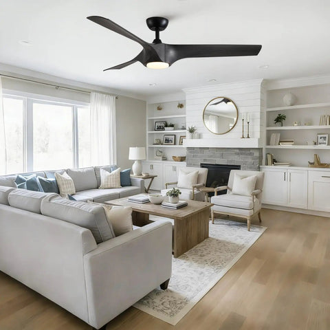 56" Farmhouse Reversible Ceiling Fan Light with Dark Gray ABS Blades installed in a modern living room setting.