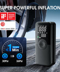 Cordless Tire Inflator Portable Air Compressor With Digital Dual Screen Pressure Gauge next to a car tire