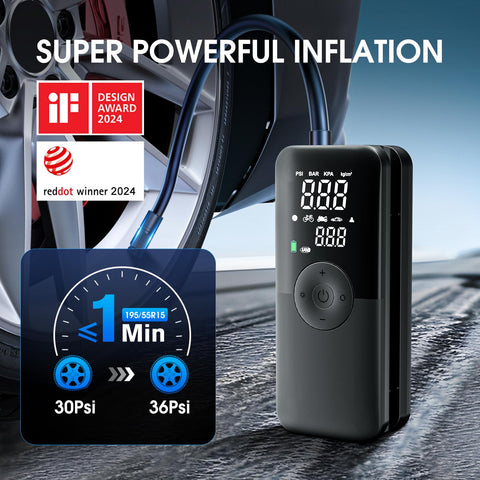 Cordless Tire Inflator Portable Air Compressor With Digital Dual Screen Pressure Gauge next to a car tire