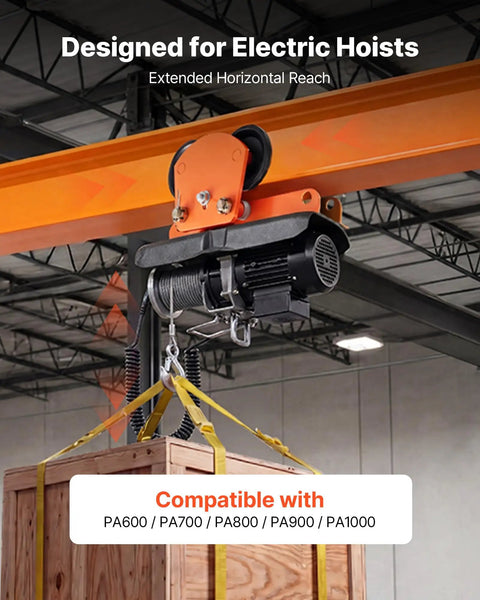 Heavy Duty Electric Hoist Trolley Workhorse 1 Ton Capacity lifting wooden crate inside warehouse