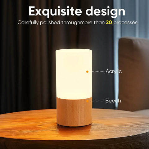 Cozy Beech Wood Table Lamp With Dimmable LED Light, acrylic top, on table in stylish room setting