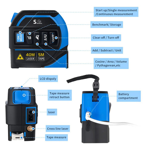 4 In 1 Laser Tape Measure With Laser Level Crosshairs, Pro Grade 130 Feet 40 Meters Distance And 16 Feet 5 Meters AutoLock Tape, Backlit LCD Display In Feet Inches Meters Millimeters, IP54 Aluminum Body For DIY Construction And Interior Design, front and side view