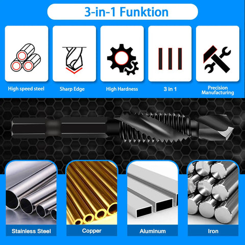 Six Pack M6 Drill Tap Bit Set With One Quarter Inch Hex Shank Combines Drilling And Tapping In One Step, visual features diagram