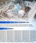 Dishwasher Water Inlet Valve Replacement For Bosch And Thermador OEM 10023852 shown in a dishwasher rack filled with dishes.