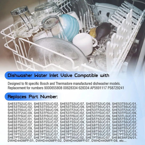 Dishwasher Water Inlet Valve Replacement For Bosch And Thermador OEM 10023852 shown in a dishwasher rack filled with dishes.