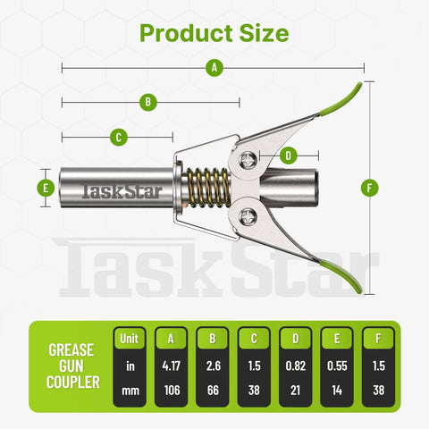 TaskStar grease gun coupler, metal body with spring, side view, green lever handles
