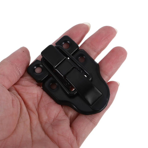 Vintage Iron Draw Latch Lock Set 4 Pcs Black Retro Cabinet Door Hardware in hand for wood boxes.