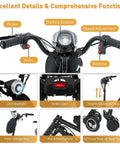 Control panel and features of 4-Wheel Foldable Electric Mobility Scooter For Adults And Seniors, showing brake, speed, and lights.
