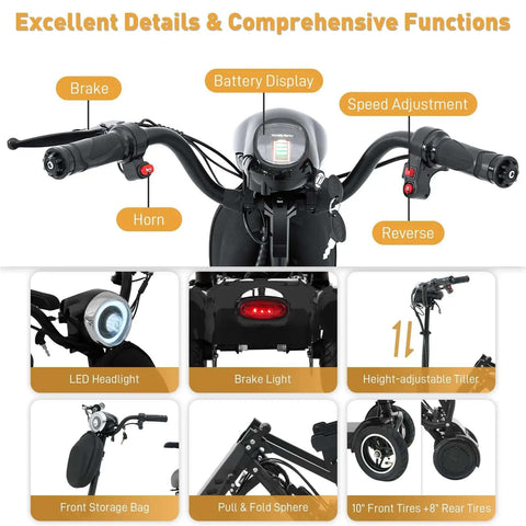 Control panel and features of 4-Wheel Foldable Electric Mobility Scooter For Adults And Seniors, showing brake, speed, and lights.