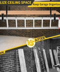 Overhead Garage Storage Racks 4 Pack With Four Hooks, Heavy Duty Ceiling Shelf System Totals 444 Lb Capacity showing installation before and after