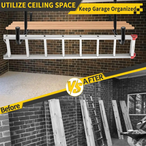Overhead Garage Storage Racks 4 Pack With Four Hooks, Heavy Duty Ceiling Shelf System Totals 444 Lb Capacity showing installation before and after