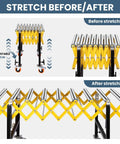 Industrial Grade Heavy Duty Expandable Conveyor Rollers Featuring 360 Degree Swivel Wheels And A Slick Twenty Inch Flexible Belt That Handles Factory Loads Without A Hitch before and after stretching with adjustable legs.