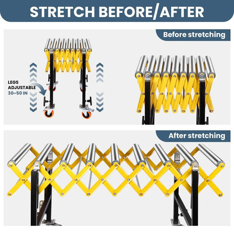 Industrial Grade Heavy Duty Expandable Conveyor Rollers Featuring 360 Degree Swivel Wheels And A Slick Twenty Inch Flexible Belt That Handles Factory Loads Without A Hitch before and after stretching with adjustable legs.