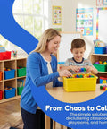 Adult and child playing with 6 Pack Cubby Bin Storage Set Durable Plastic Stackable Bins For Toy Organization At Home Nursery Playroom Classroom Colors Red Green Orange Blue Purple Yellow Super Handy And Kid Friendly