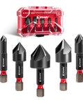 EZARC 5-piece countersink drill bit set with 1/4-inch hex shanks, TiAlN-coated, 82-degree 5-flute design in red case.