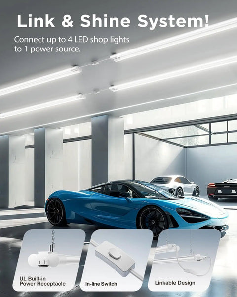 Six Pack LED Shop Lights For Workshop 4 Ft Linkable Garage Lighting 4500 Lumens 6000K Daylight in garage with blue car