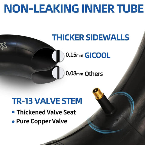 Heavy Duty 10 Inch Replacement Tire and Inner Tube Set 4.10/3.50-4 With TR-13 Straight Valve Stem, showing thicker sidewalls