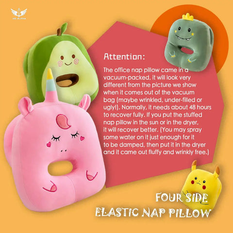 Colorful plush pillows including avocado and unicorn designs for kids and girls, ideal as cozy kawaii throw pillows and travel neck support.