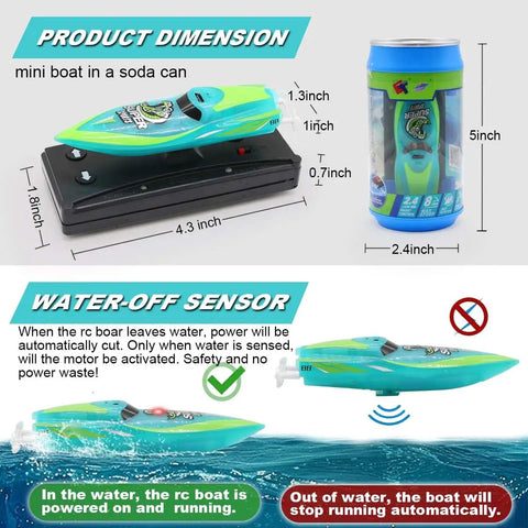 Mini Remote Control Boat With 2.4Ghz Remote 360 Degree Rotation Bright LED Lights Built In Rechargeable Battery Totally Fun For Pool Or Bathtub Kid Friendly Gift For Ages 8 To 12 Green shown in product dimension and water-off sensor illustration
