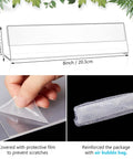 24 Pack Acrylic Name Plates For Desk 2x8 Inches Clear Slant Back Sign Holders, showing dimensions with protective film and packaging