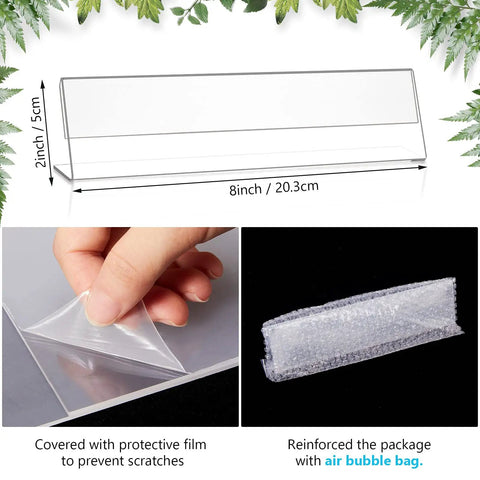 24 Pack Acrylic Name Plates For Desk 2x8 Inches Clear Slant Back Sign Holders, showing dimensions with protective film and packaging