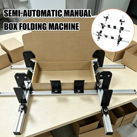 Slick Manual Carton Folder And Aircraft Box Folding Jig Engineered For Hassle Free Cardboard Creasing on a workspace with shipping boxes.