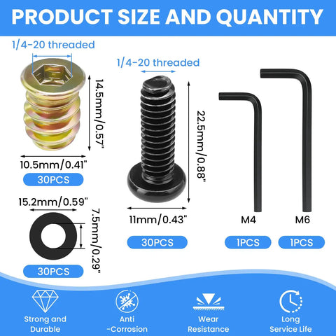 Heavy Duty 30 Pack Of 1/4-20 Threaded Inserts Matched With Flat Head Hex Socket Screws Top Shelf Zinc Coated Carbon Steel Fasteners built tough for furniture projects