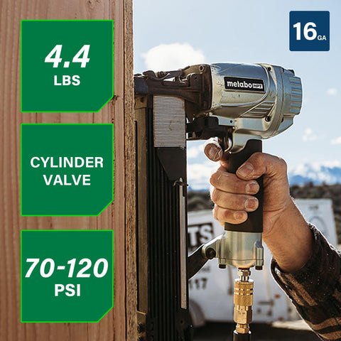 Half Inch Crown Stapler For Insulation Sheathing And Subfloor Install 16 Gauge Nailer shown in use by person