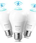 Three Pack Motion Sensor Light Bulbs With Auto Night Activation For Low Light, Ultra Sensitive Motion Detector Lamps For Hallways And Closets, Energy Saving, Gentle Soft Lighting, Go To Easy Fit In Standard Sockets. Three white LED bulbs with E26 bases and motion icons