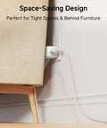3 Pack White 90 Degree Wall Outlet Extender That Turns One Socket Into Three Extra Plugs Ideal For Cramped Spaces And Dorm Digs, installed behind furniture.
