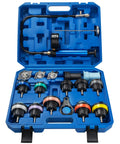 Heavy Duty 18 Piece Radiator Pressure Tester Kit For Coolant System Leak Detection With Pump Gauge Adapter Set Thermometer, tools in blue case.
