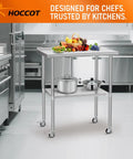Stainless Steel Prep Table 24 By 30 Inch With Adjustable Undershelf, Backsplash And Wheels in commercial kitchen setting