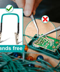 4 Pack No Hands Wire Holders For Soldering Green Helping Hands in use for electronics soldering with hands-free feature.