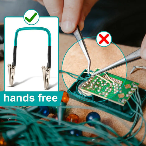 4 Pack No Hands Wire Holders For Soldering Green Helping Hands in use for electronics soldering with hands-free feature.