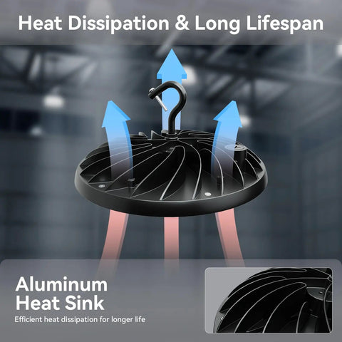 LED High Bay Light 150W 10 Pack With 22500 Lumens Two Color Temperature 4000K/5000K showing aluminum heat sink and airflow arrows