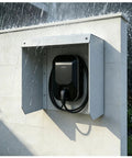 Heavy Duty Built Like A Tank EV Charger Weatherproof Cover Featuring Tight Magnetic Flip Lid And Tinted Canopy protecting charger from heavy rainfall.