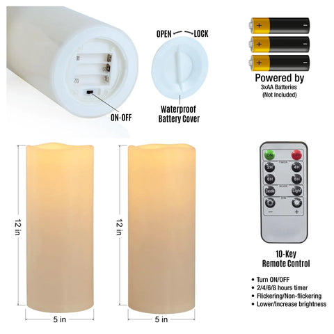 Waterproof Outdoor Flameless Pillar Candles 10x5 Inch Battery Operated LED With Remote And Timer Flickering Ivory White Pillar Candles For Indoor And Outdoor Lanterns Long Lasting Set Of 2 with battery compartment and remote features
