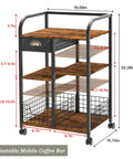 Rustic Wood Coffee Cart With Dope Multi Tier Layout And Slick Brake Lock Wheels For Easy Rolling Serving Station with dimensions shown.